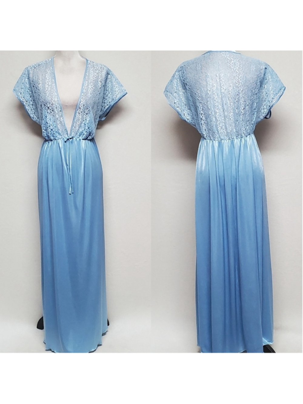 80s Vintage Powder Blue Sheer Lace Stretchy Satin Plunging Neckline Maxi Nighty - Picture 2 of 12